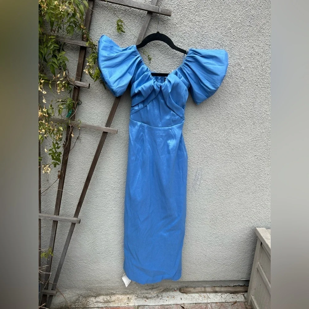 Abercrombie & Fitch Taffeta Off-The-Shoulder Midi Dress in French Blue NEW! - Picture 5 of 6